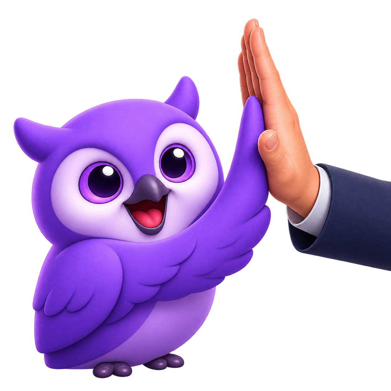Hobson the owl high-fiving a guest